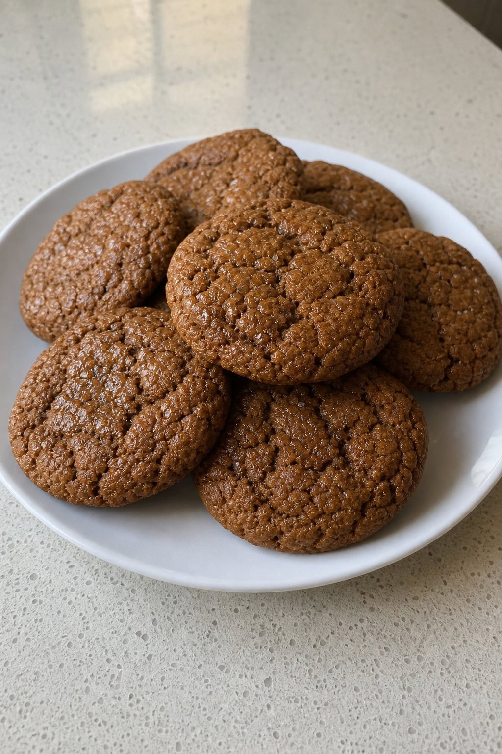 Close-up of golden brown ginger-miso molasses cookies on a wooden surface with bowls of miso paste, molasses, and ginger root slices nearby.