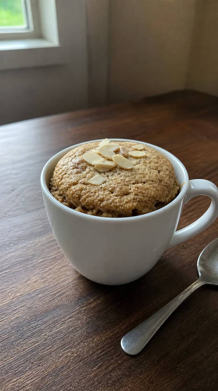 A golden-tan mug cake made with almond flour sitting in a plain ceramic mug on a wood table, with a small pile of sliced almonds and a wooden scoop of fine almond flour resting beside it.