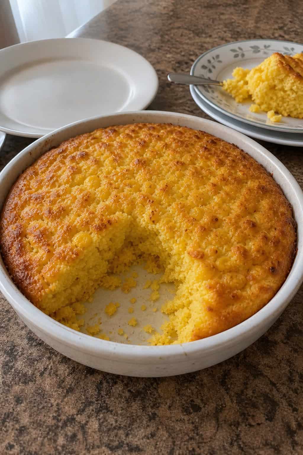 A freshly baked gluten-free corn casserole with a pale golden top in a ceramic dish on a wooden table, surrounded by a bag of fine cornmeal, a can of corn, and a small container of baking powder.