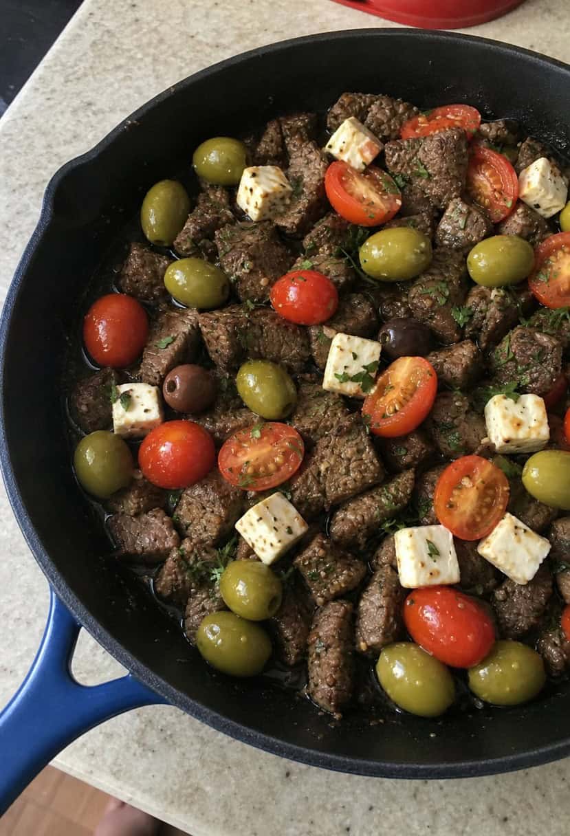 A sizzling skillet filled with Greek beef, tomatoes, olives, and feta cheese, surrounded by fresh herbs and spices