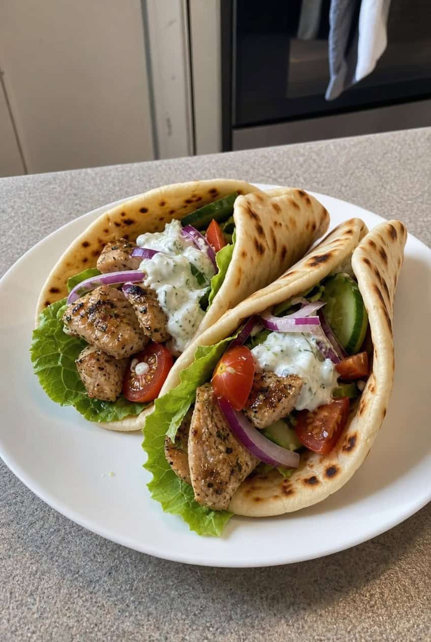 Two stuffed Greek-style pita wraps filled with sliced rotisserie chicken, chopped romaine, diced cucumber, tomato, and a generous drizzle of thick white tzatziki sauce, served on a wooden board with fresh vegetables in the background.