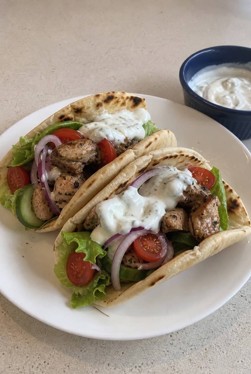 Two stuffed Greek-style pita wraps filled with sliced rotisserie chicken, chopped romaine, diced cucumber, tomato, and a generous drizzle of thick white tzatziki sauce, served on a wooden board with fresh vegetables in the background.