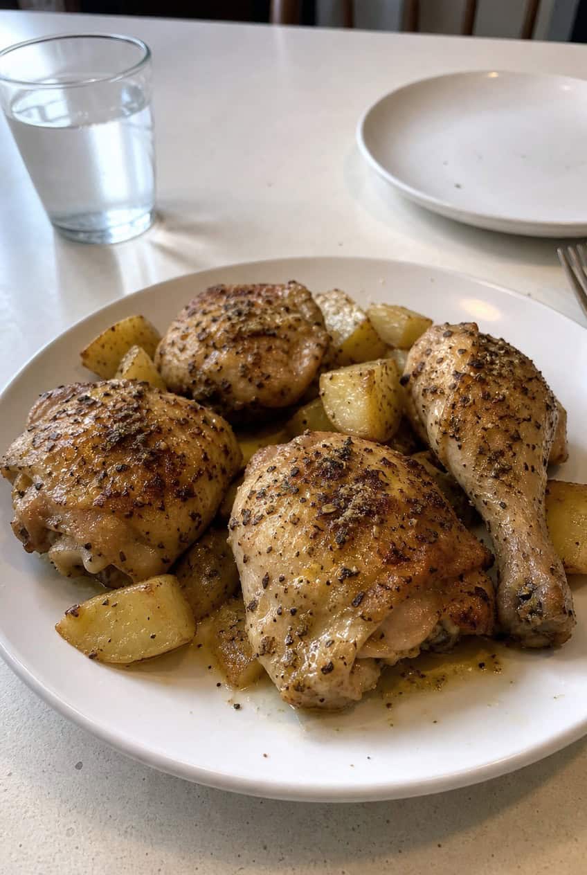 Roasted chicken breasts with a golden herb crust on a white plate, garnished with fresh oregano sprigs and lemon wedges on a warm wooden table surface.