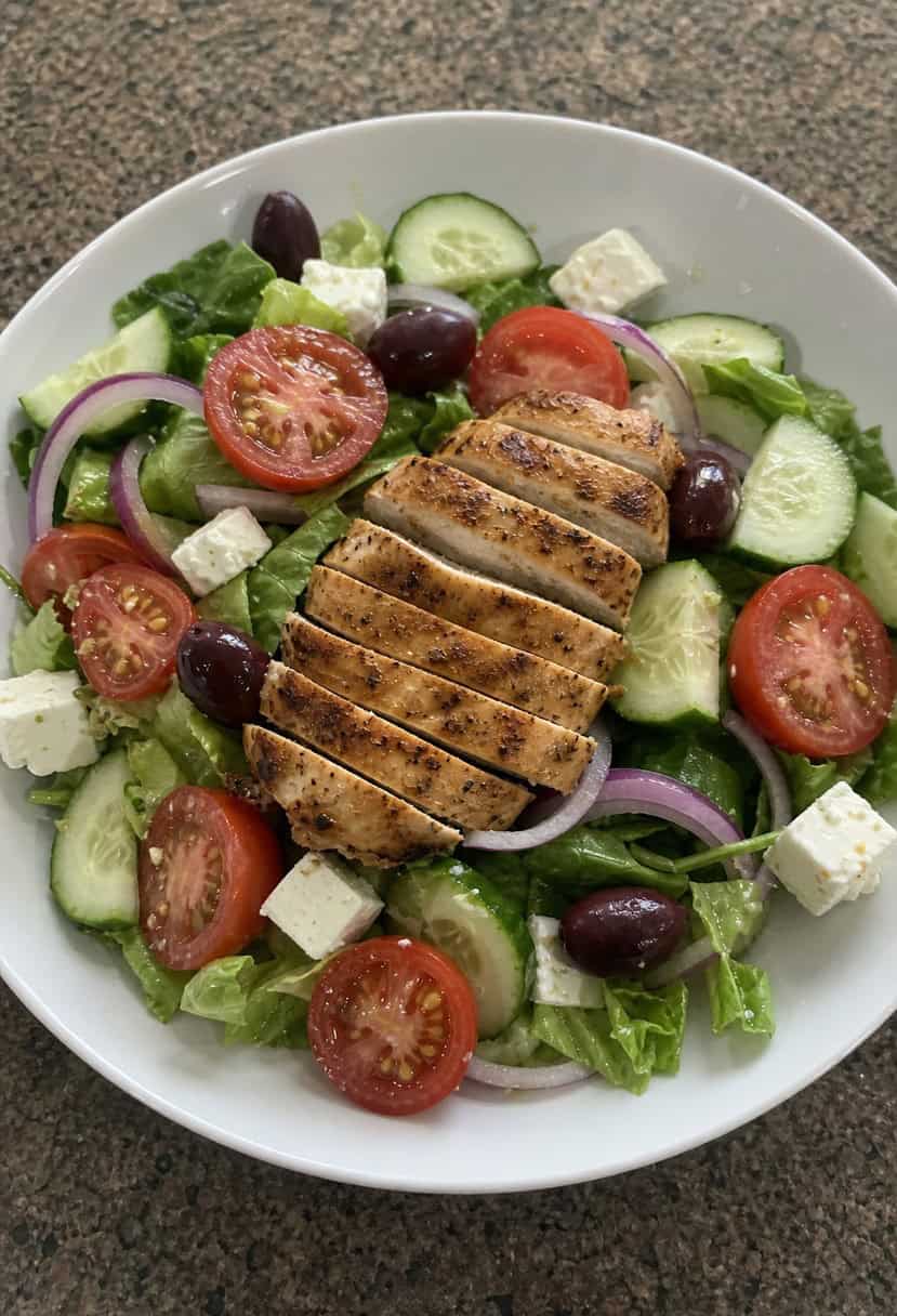 A colorful Greek salad with grilled chicken, feta cheese, tomatoes, cucumbers, olives, and red onions arranged on a white plate