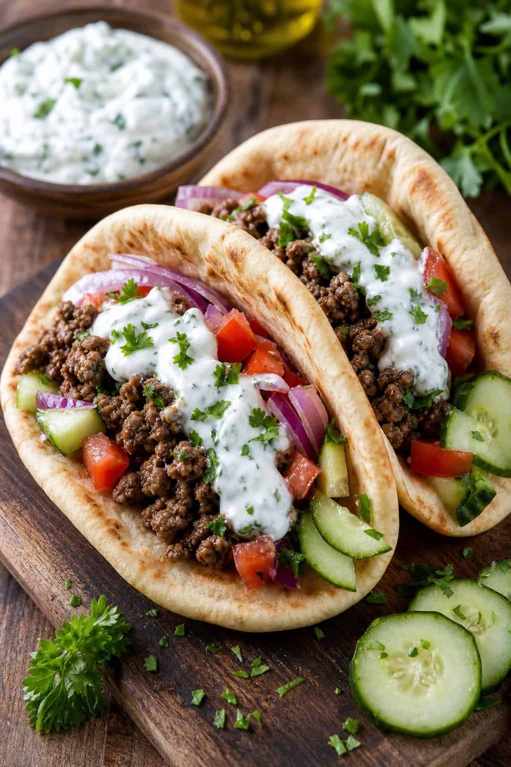 Close-up of pita bread sandwiches filled with spiced ground beef, fresh vegetables, and creamy tzatziki sauce on a wooden surface.