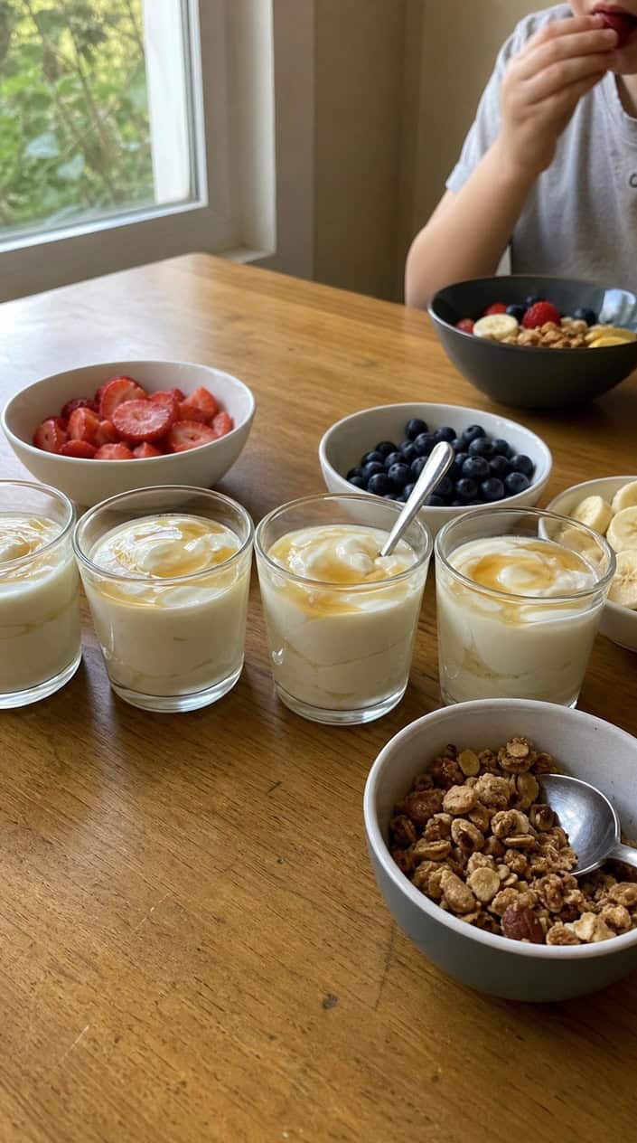Small cups filled with Greek yogurt topped with honey, surrounded by fresh fruit on a wooden table.