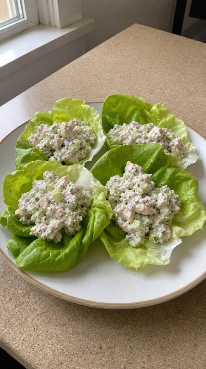 Lettuce wraps filled with creamy Greek yogurt chicken salad on a wooden platter with lemon wedges and fresh herbs.