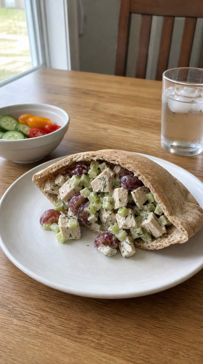 A halved pita pocket stuffed with a creamy chicken salad made with Greek yogurt, visible pieces of celery, red grapes, and walnuts, plated with cucumber slices and cherry tomatoes around it.