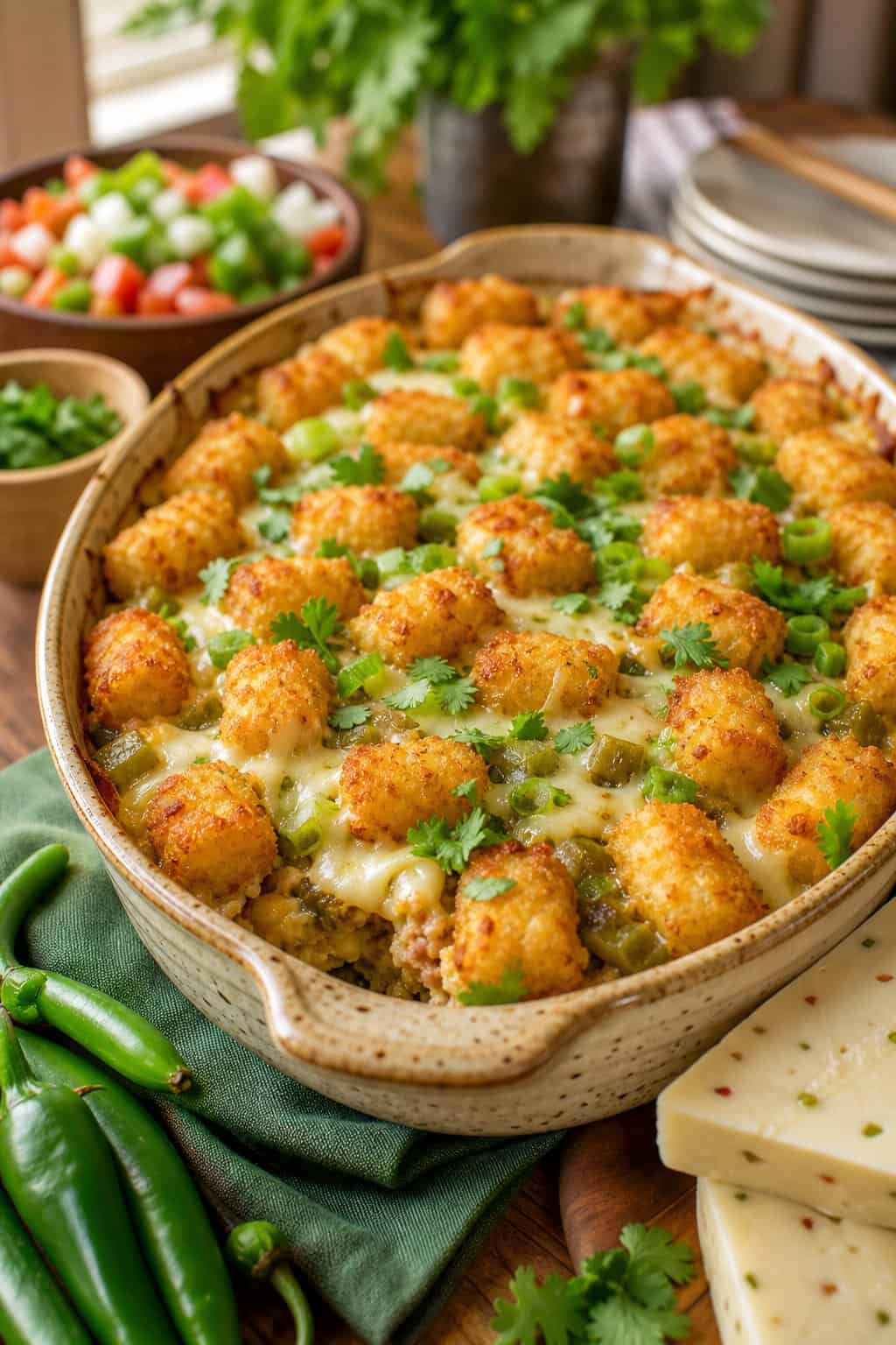 A baked breakfast casserole with crispy tater tots, melted cheese, and green chile in a ceramic dish on a kitchen table.