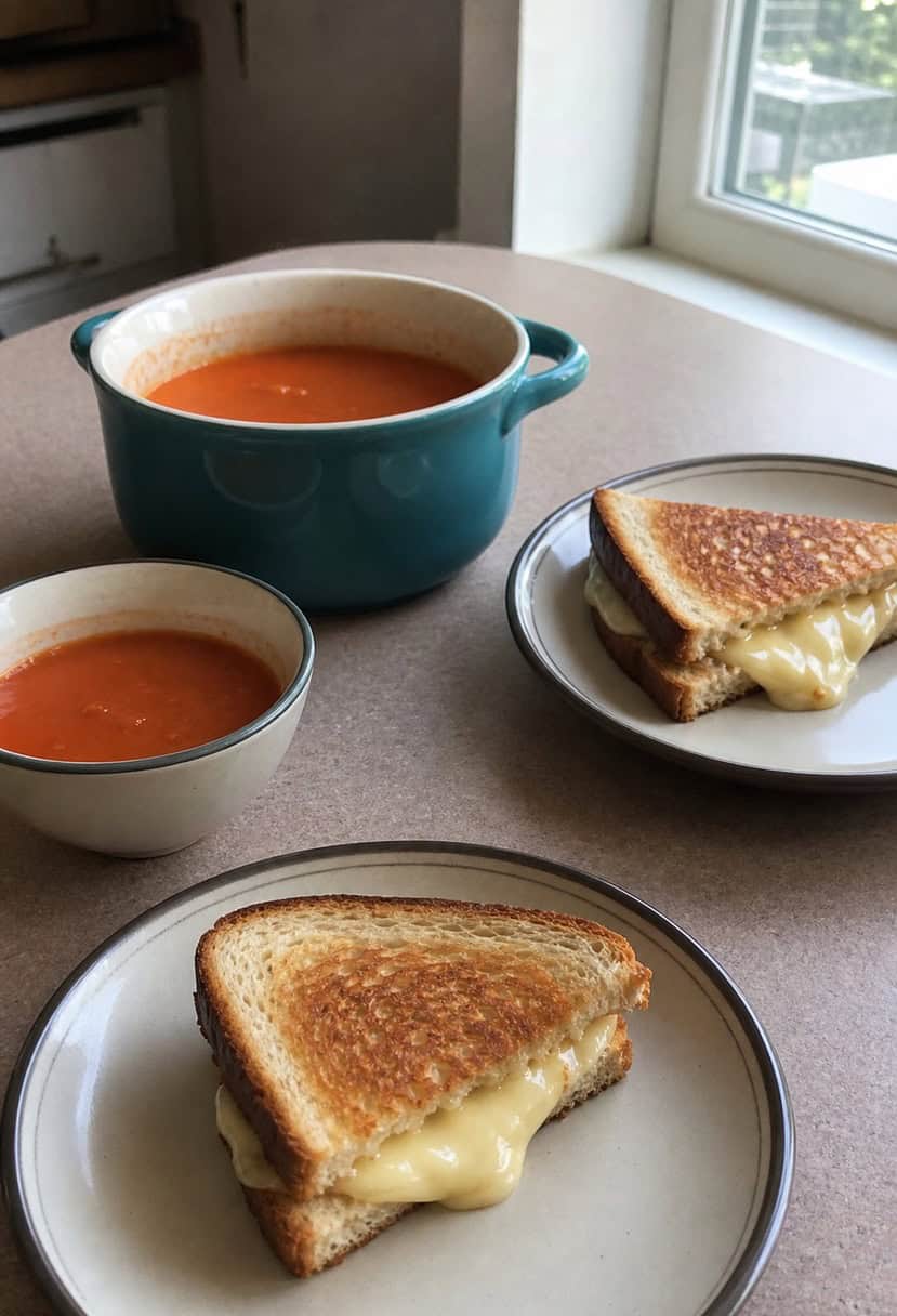 A cozy kitchen table set with a steaming bowl of tomato soup and a gooey grilled cheese sandwich on a plate