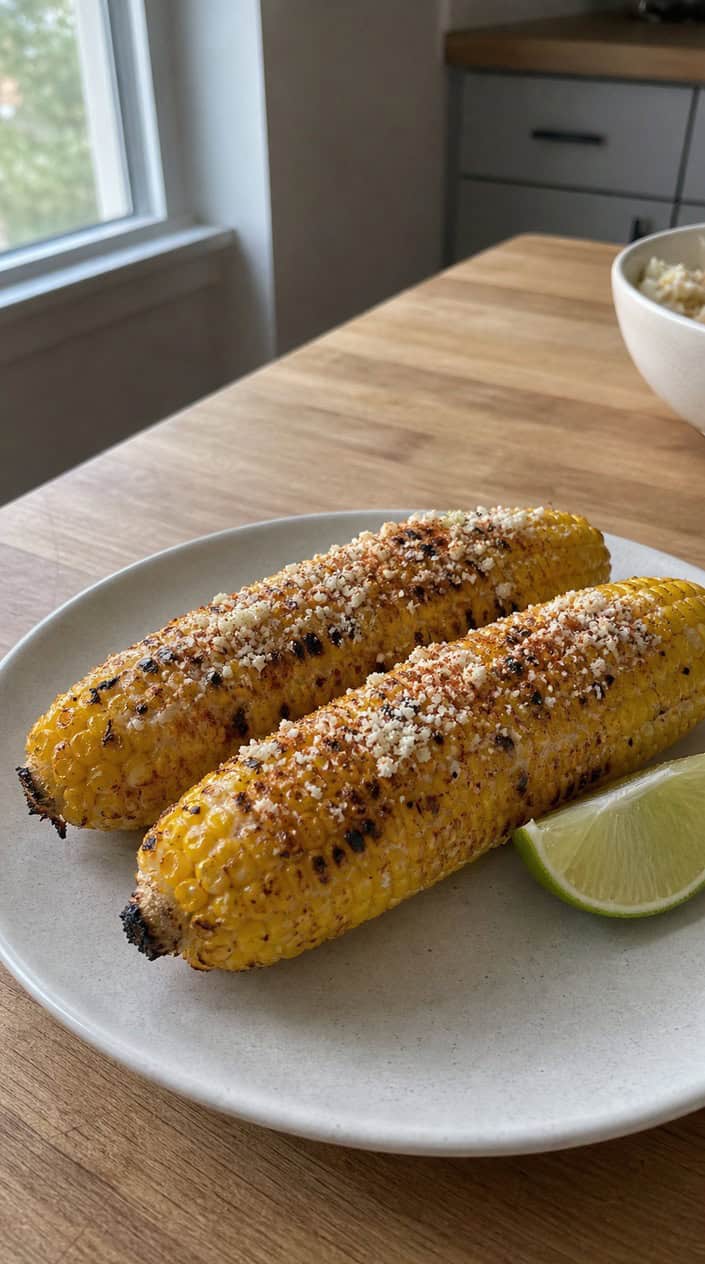 Grilled corn on the cob with chili-lime butter and cotija cheese on a wooden platter, with lime wedges and a bowl of butter nearby.