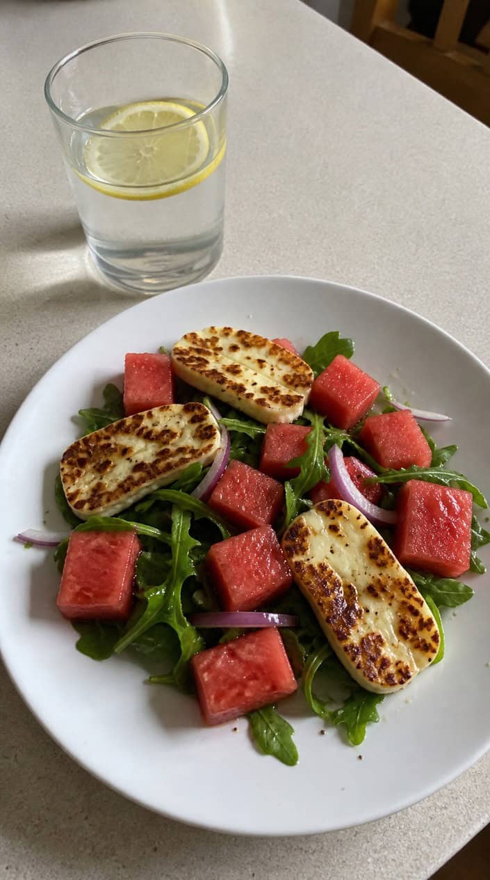 Plate of grilled halloumi cheese and watermelon salad with mint on a wooden table.