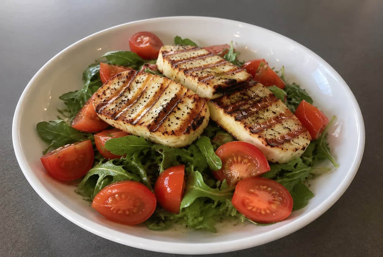 A shallow bowl of grilled halloumi slices with distinct golden grill marks resting on a bed of halved cherry tomatoes and torn fresh basil leaves, drizzled with olive oil.