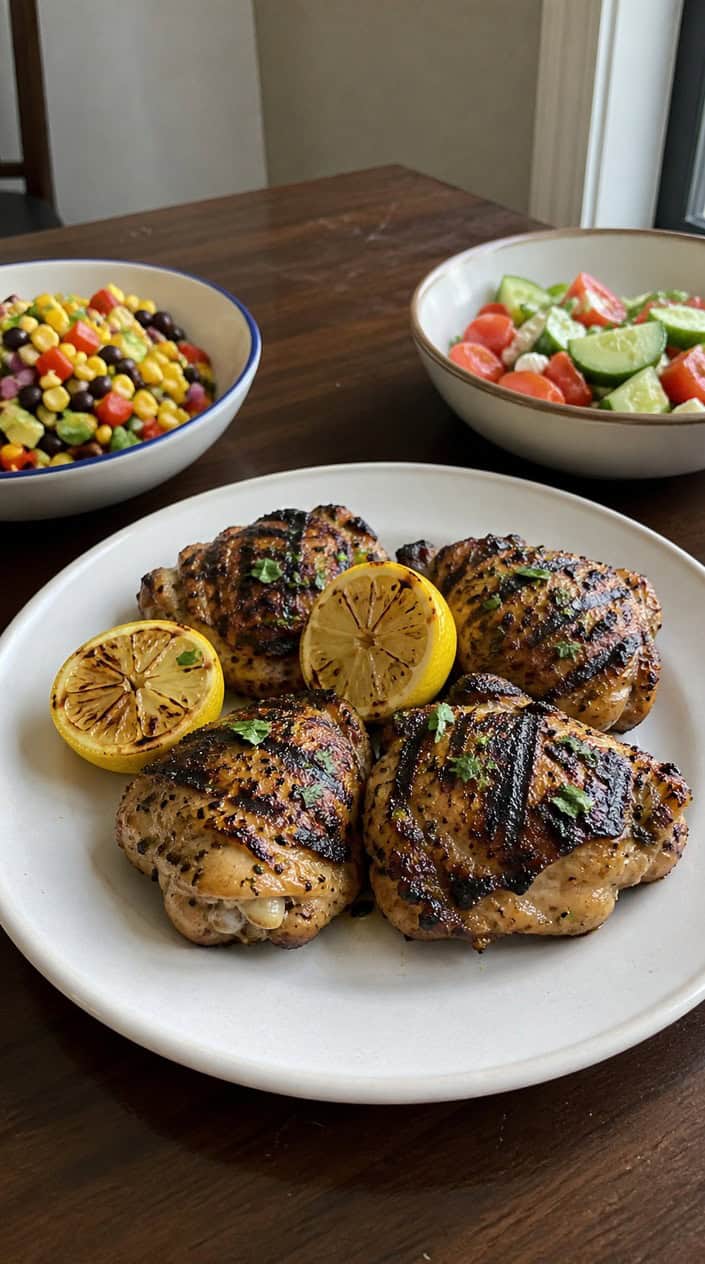 A plate of grilled lemon-herb chicken thighs garnished with lemon slices and herbs on a wooden table with a backyard setting.