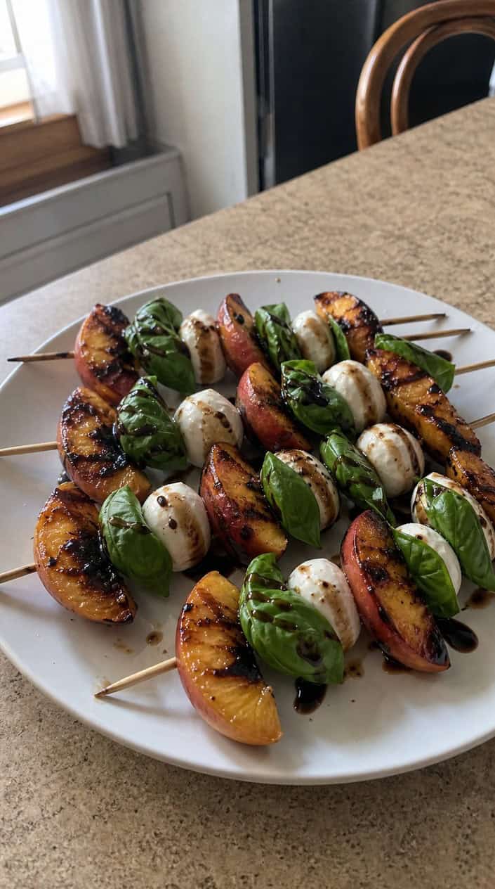 Close-up of grilled peach Caprese skewers with mozzarella, basil, and balsamic glaze on a wooden board in an outdoor backyard setting.