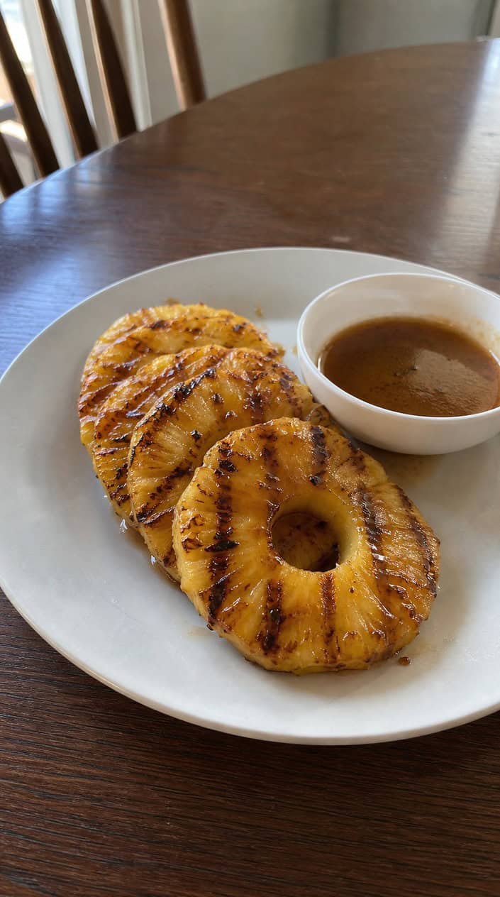 Grilled pineapple rings with cinnamon-honey drizzle on a wooden board outdoors, set on a picnic table with greenery in the background.
