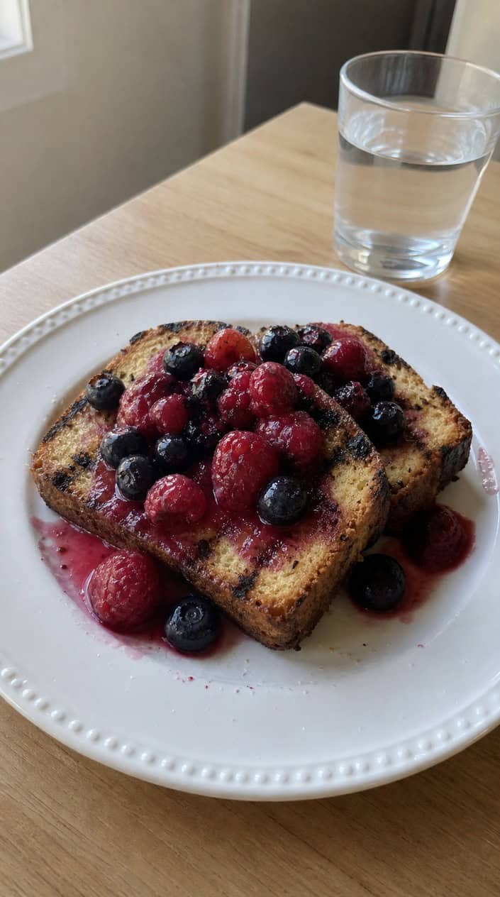 Slices of grilled pound cake topped with macerated strawberries, blueberries, and raspberries on a white plate on a wooden table.