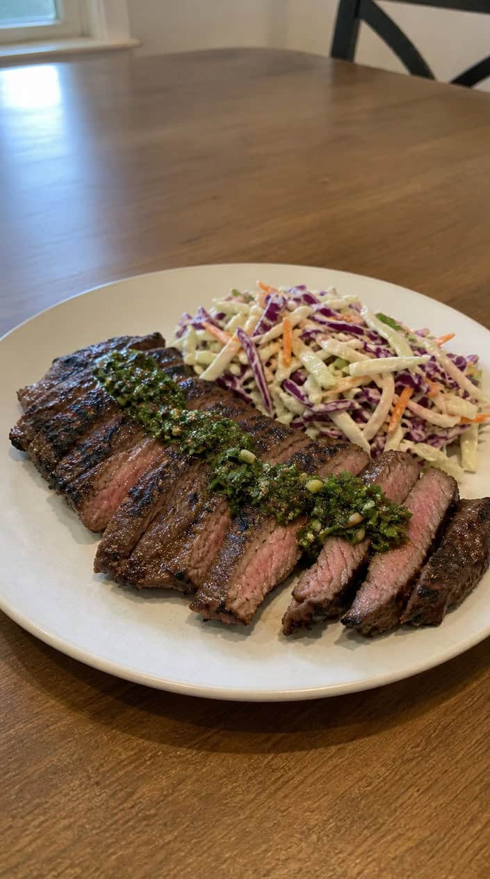 Grilled skirt steak topped with chimichurri sauce served alongside a simple cabbage and carrot slaw on a wooden board.
