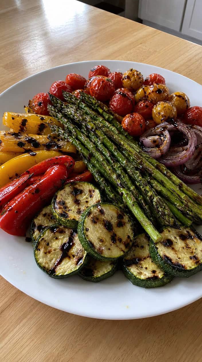 A platter of assorted grilled vegetables drizzled with balsamic glaze on a wooden board outdoors.