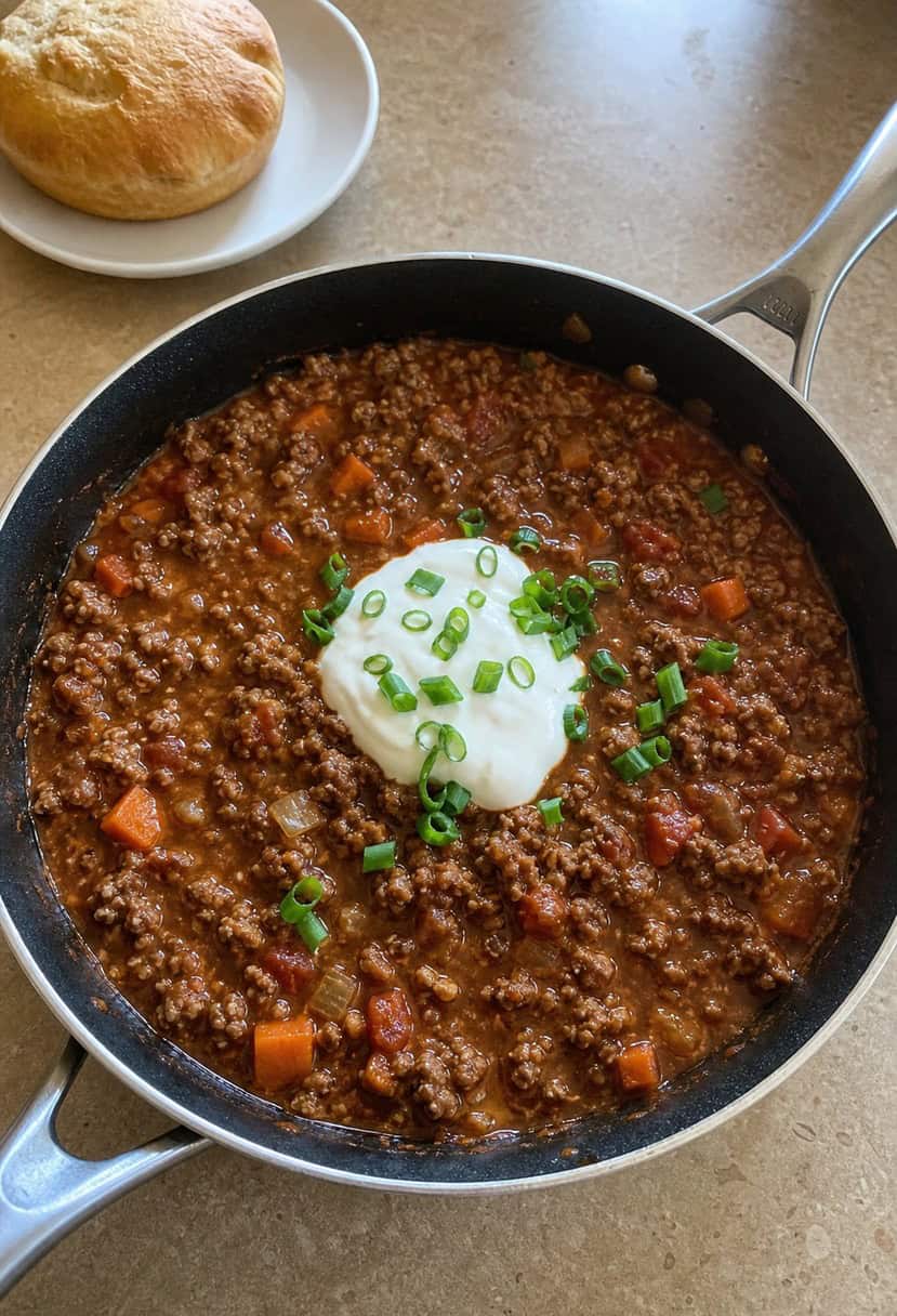 A sizzling skillet filled with ground beef chili, surrounded by various ingredients and spices