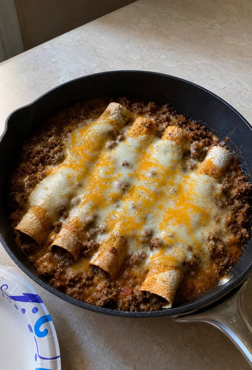A sizzling skillet filled with ground beef enchilada, bubbling with cheese, surrounded by colorful ingredients