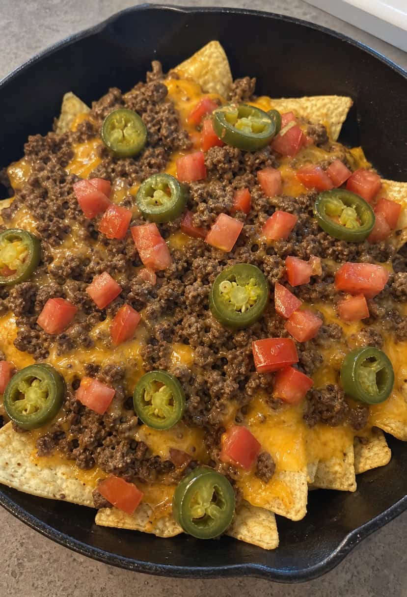 A sizzling skillet filled with cheesy ground beef nachos, topped with diced tomatoes, jalapenos, and cilantro