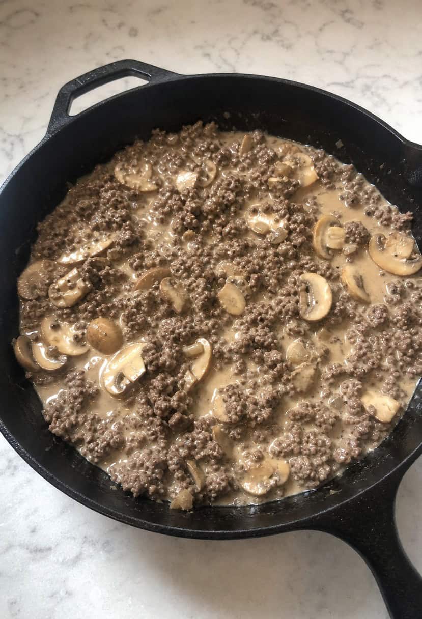 A skillet sizzling with ground beef, mushrooms, and creamy sauce, surrounded by ingredients and a recipe for Ground Beef Stroganoff