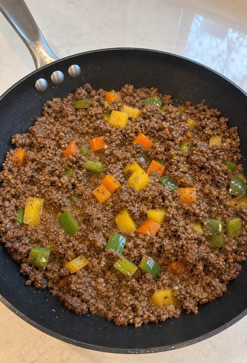 A sizzling skillet filled with ground beef, colorful vegetables, and savory spices, creating a mouthwatering aroma