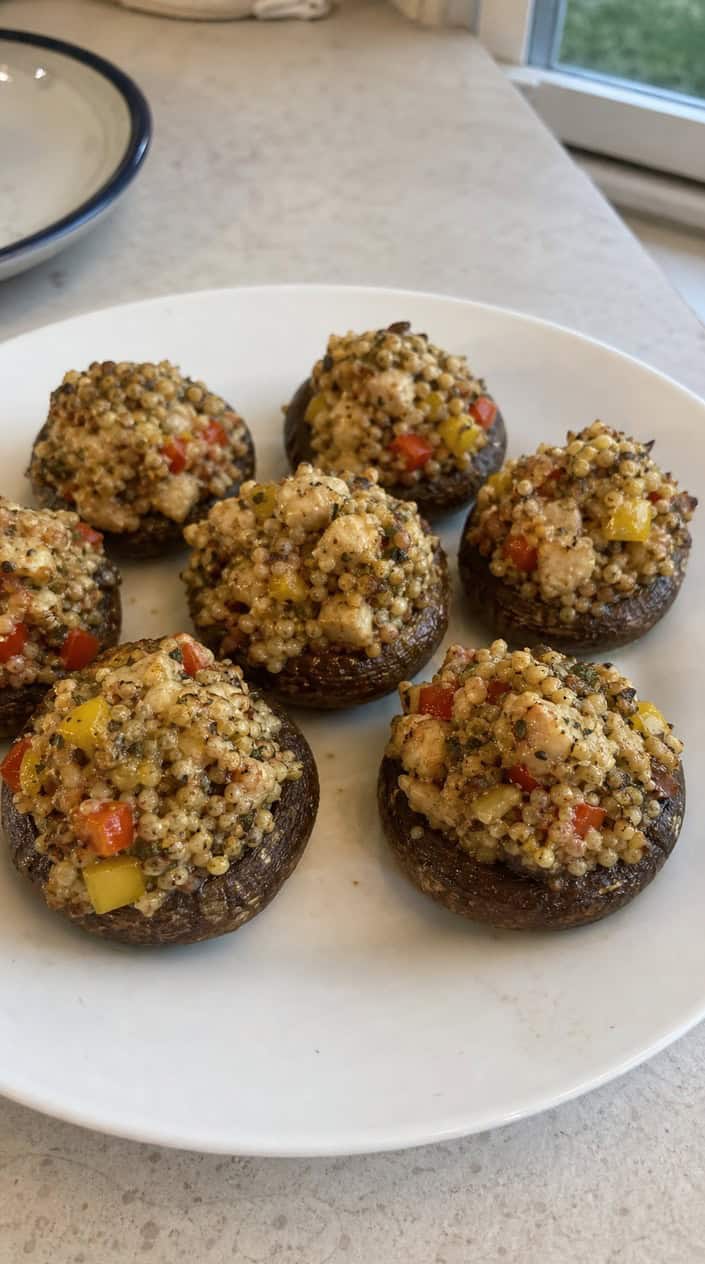 Close-up of stuffed mushrooms filled with ground chicken and quinoa on a wooden board with fresh herbs.