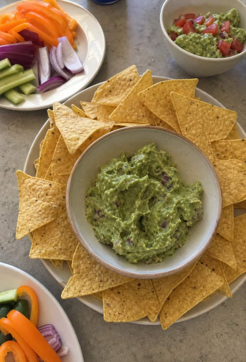 A festive table spread with an array of vibrant appetizers, including a bowl of freshly made guacamole surrounded by colorful tortilla chips and assorted garnishes