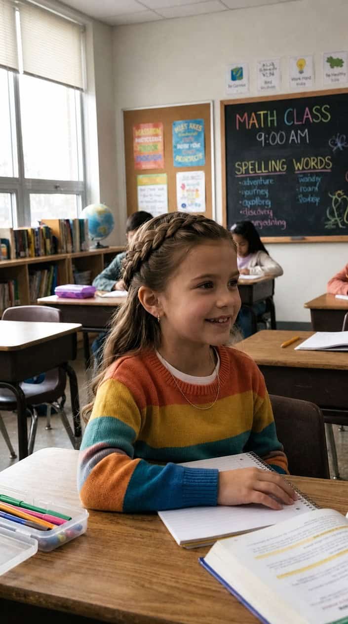 A young girl sitting in a classroom, smiling with her hair styled in a braid wrapped around her head.
