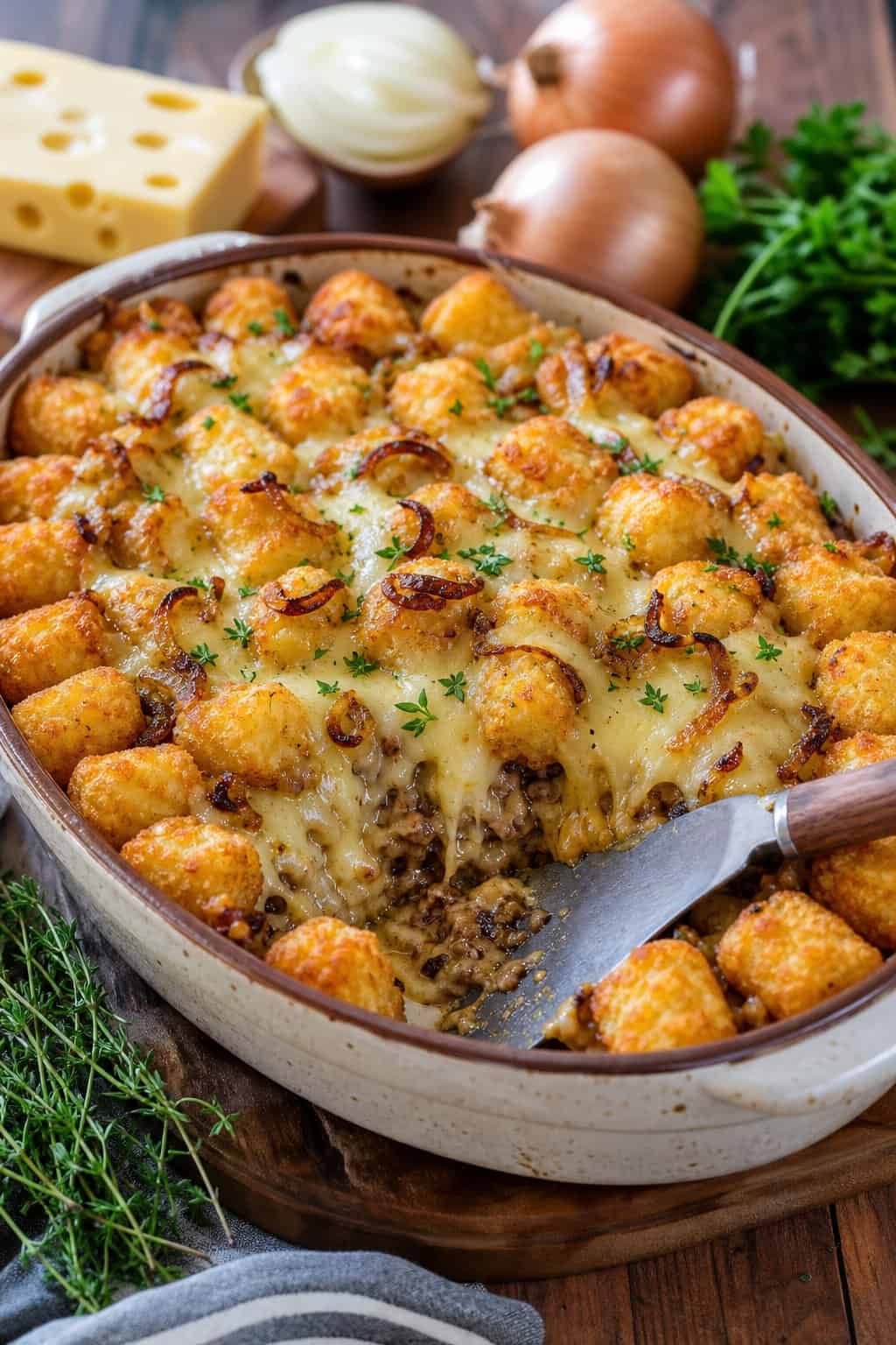 A baked tater tot casserole topped with melted Swiss cheese and caramelized onions in a ceramic dish on a wooden table.