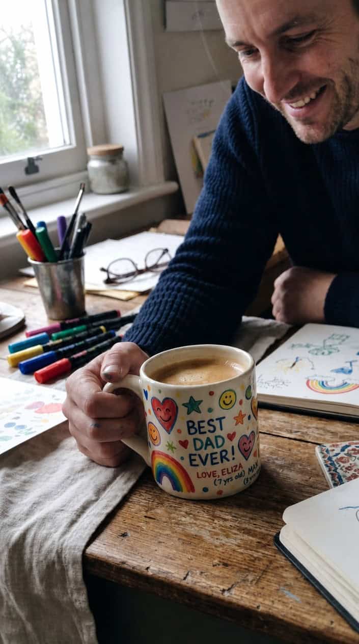 A hand-painted coffee mug with colorful childlike drawings sitting on a table with art supplies in the background.