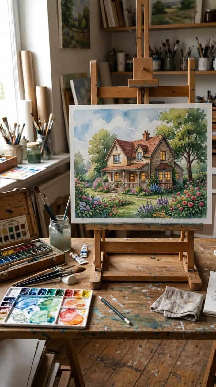 A hand-painted watercolor portrait of a cozy childhood home displayed on an easel in an artist's studio.