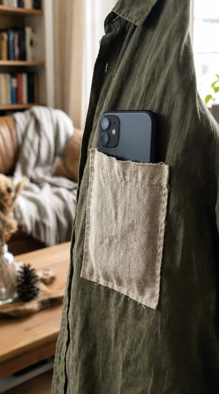 Close-up of a hand-sewn fabric pocket holding a smartphone on a piece of clothing.
