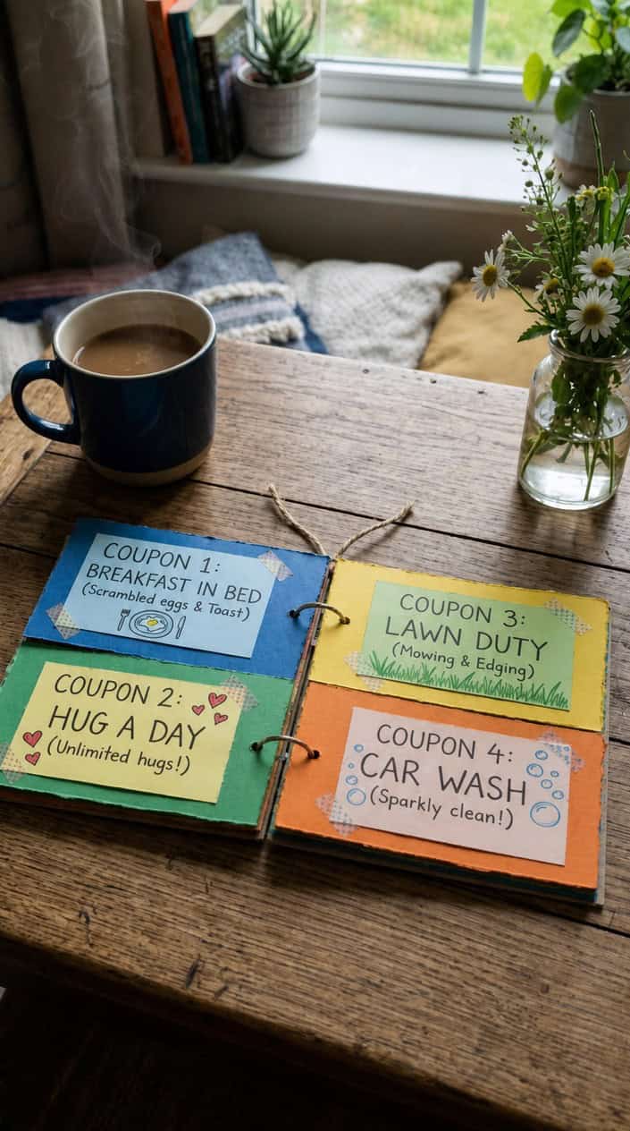 Handwritten coupon book with colorful chore coupons on a wooden table, surrounded by a cup of coffee and flowers.