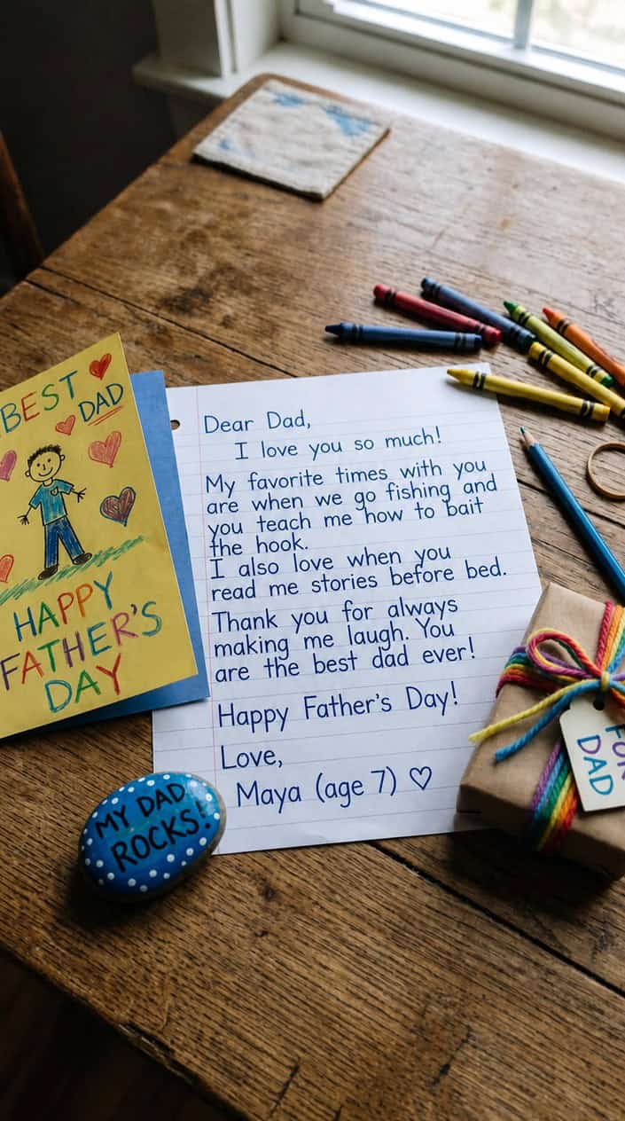 A handwritten letter about favorite Dad moments on a table surrounded by small handmade Father's Day gifts and crayons.