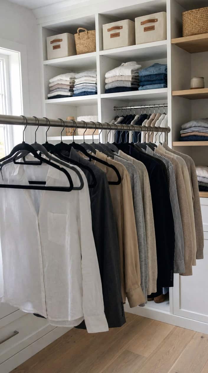 A closet with velvet non-slip hangers holding neatly arranged clothes on a metal rod above organized shelves.