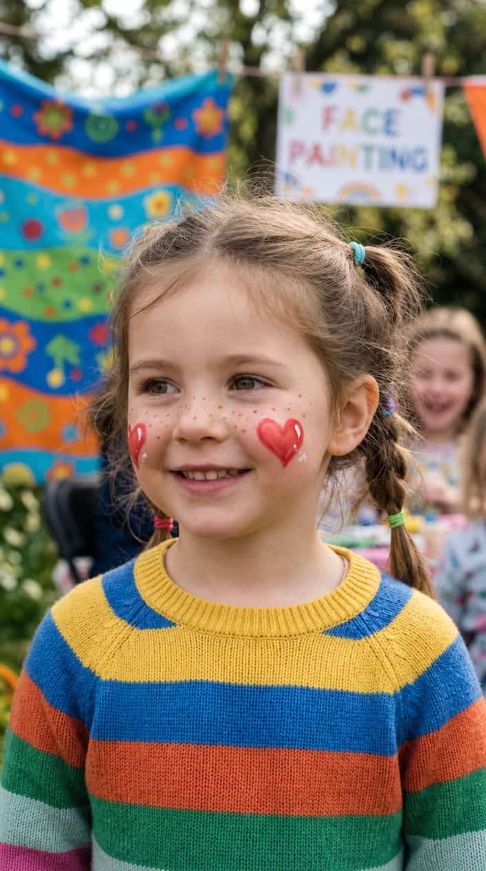 A smiling child with heart-shaped face paint and freckles on their cheeks in a colorful, playful setting.