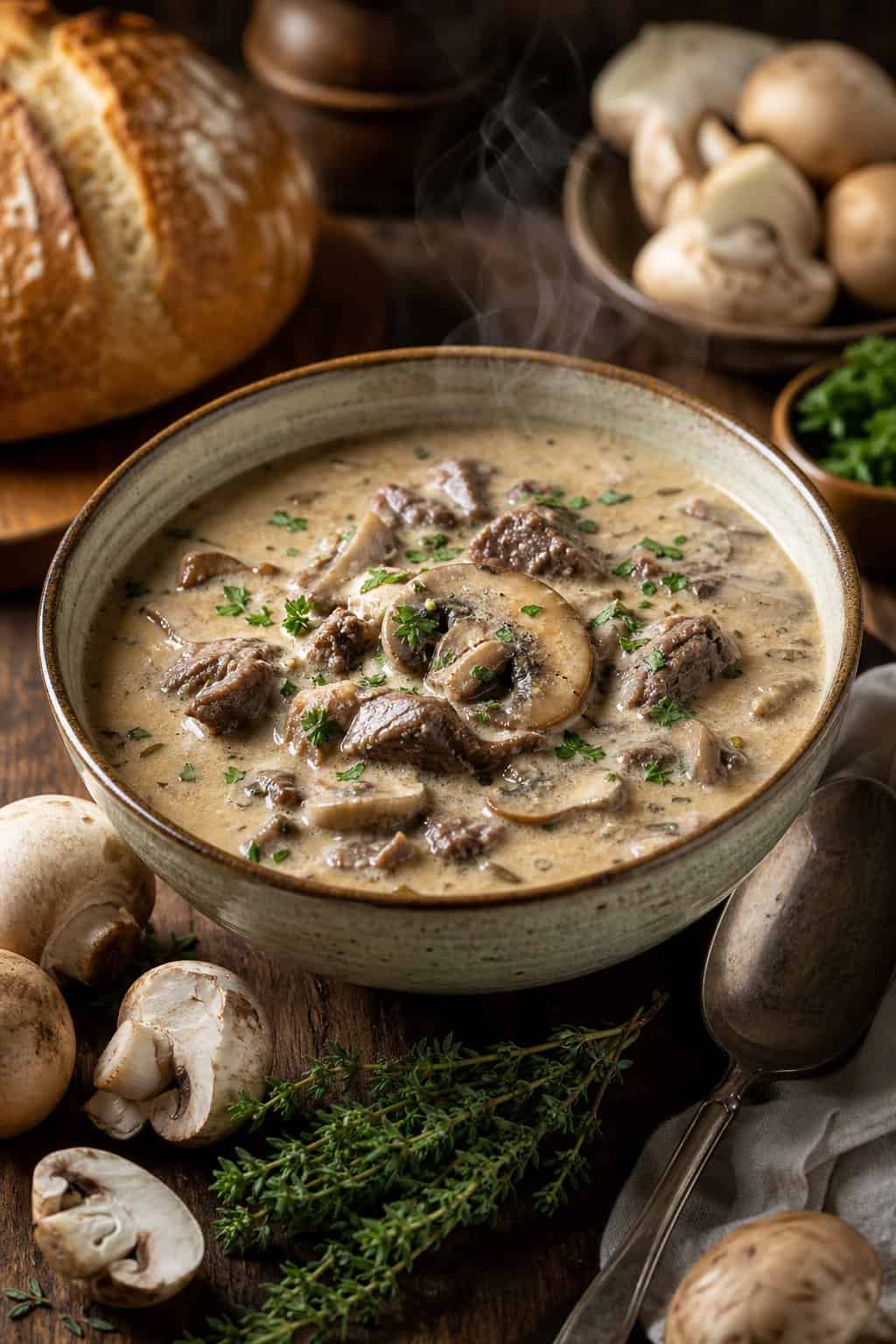 A bowl of creamy beef and mushroom soup with herbs on a wooden table, accompanied by fresh mushrooms and bread.