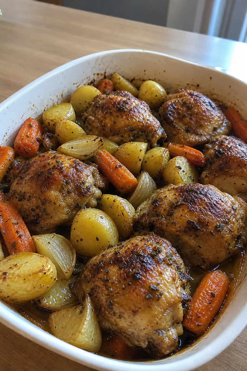 A serving dish with herb-roasted chicken thighs and roasted root vegetables on a wooden table.