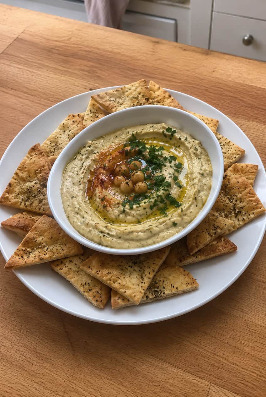 A wide ceramic bowl of pale green herbed hummus topped with a pool of golden olive oil and a scattering of fresh parsley leaves, surrounded by golden pita crisps on a wooden board.