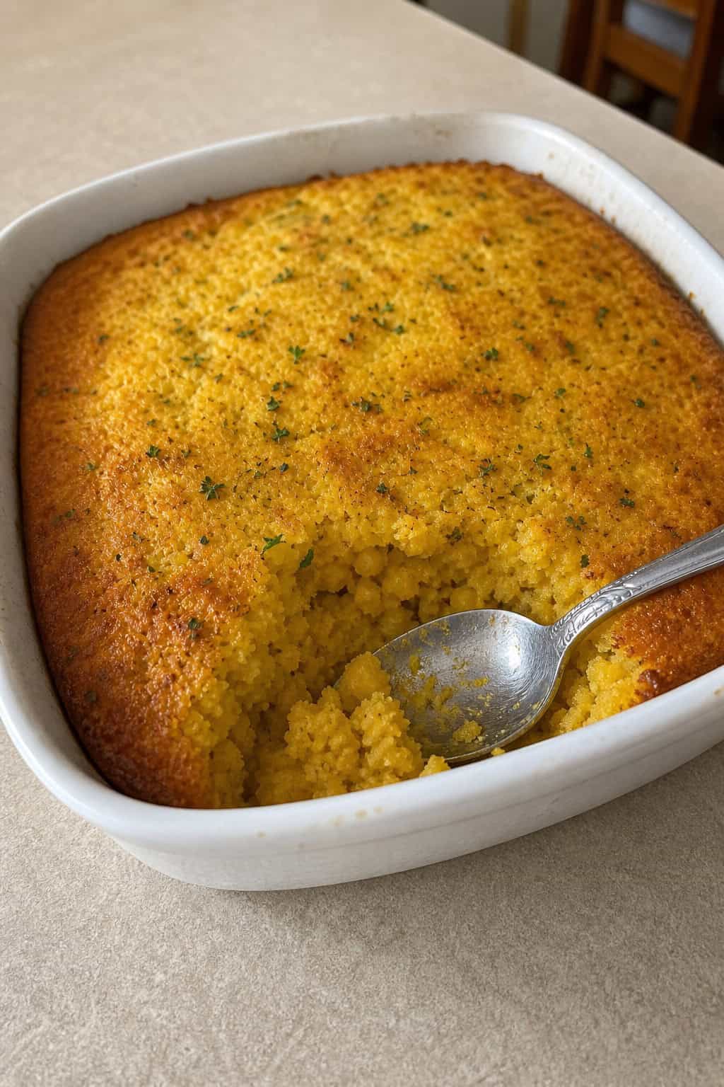 A golden-brown corn casserole in a white ceramic dish garnished with small fresh thyme sprigs and a scatter of flat-leaf parsley on a wooden table.