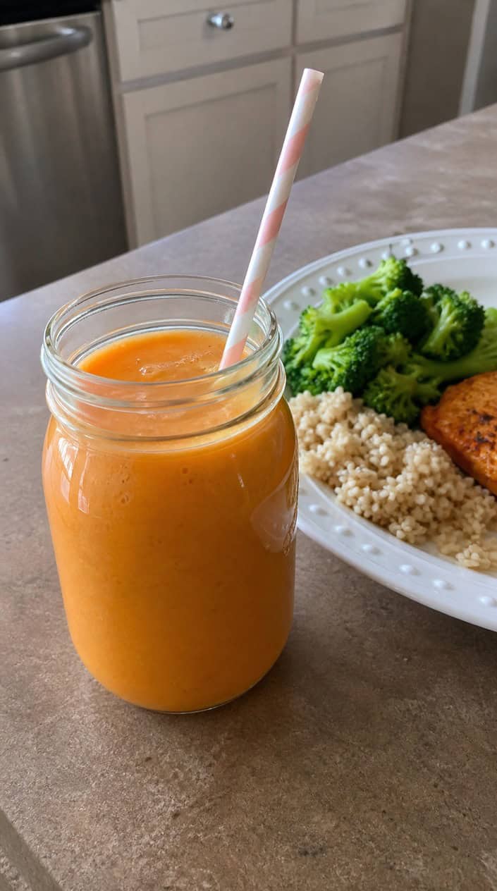 A bright orange carrot and orange smoothie in a clear glass on a kitchen counter, with two whole raw carrots, a halved orange, and a few loose spinach leaves in the foreground and a soft-focus lunchbox and school bag visible in the background.