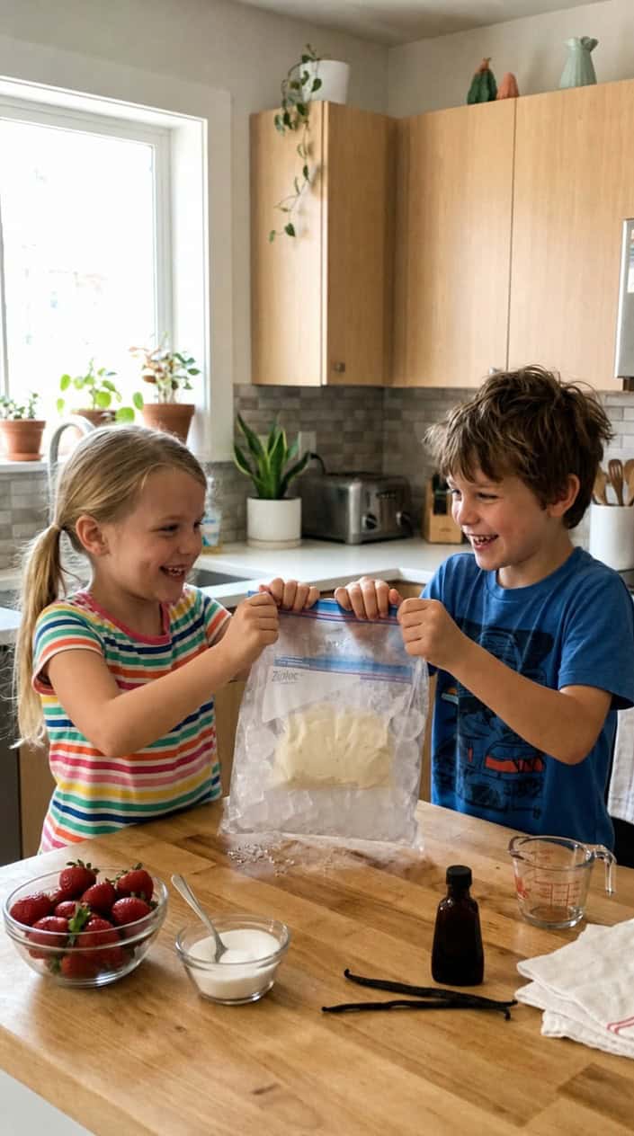Two children shaking zip-top bags to make homemade ice cream in a bright kitchen.