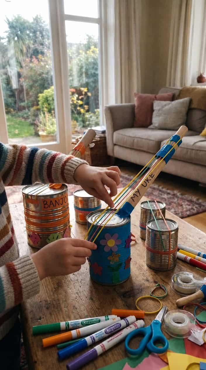 Child's hands playing homemade musical instruments made from tin cans and rubber bands on a table with crafting supplies.