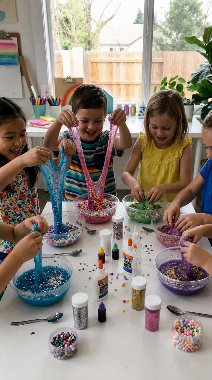 Children's hands mixing colorful homemade slime with glitter and beads on a white table.