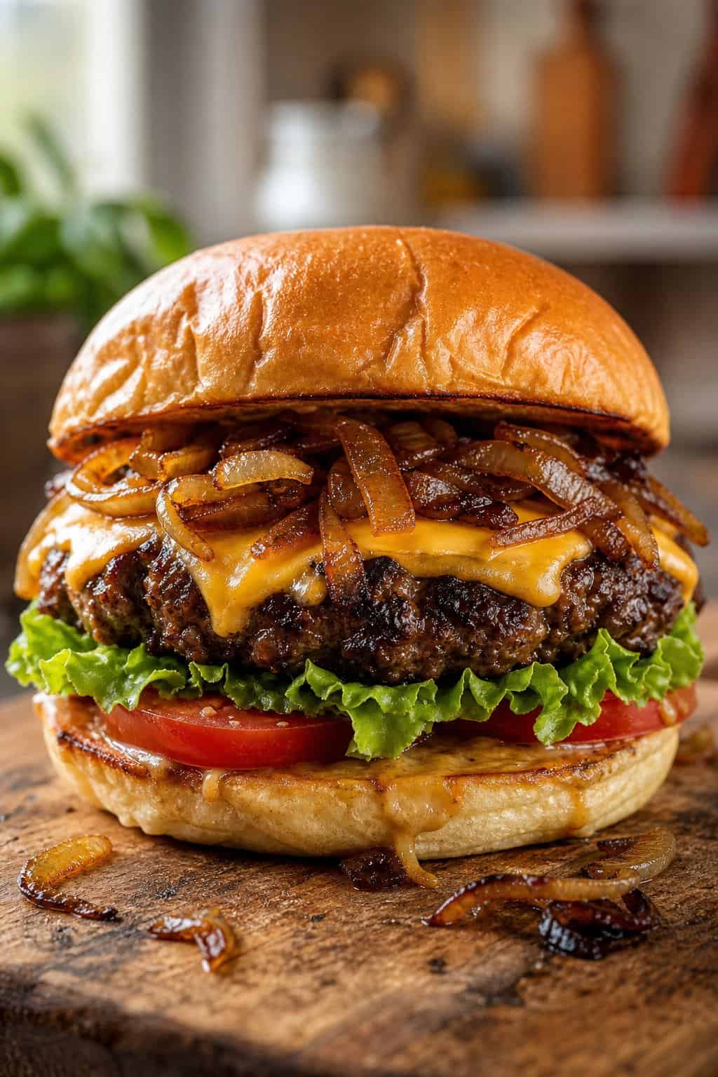 A homemade smash burger topped with caramelized onions, cheese, lettuce, and tomato on a wooden surface.