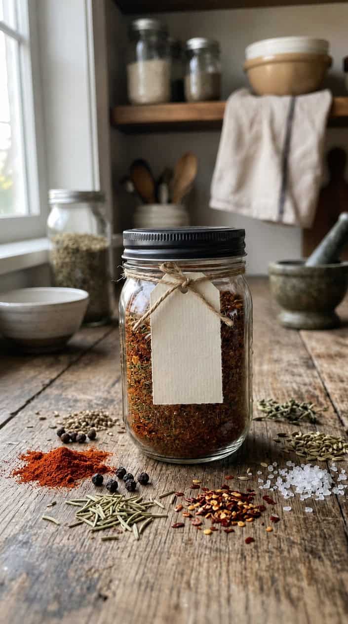 A mason jar filled with homemade spice rub on a wooden surface surrounded by various spices.