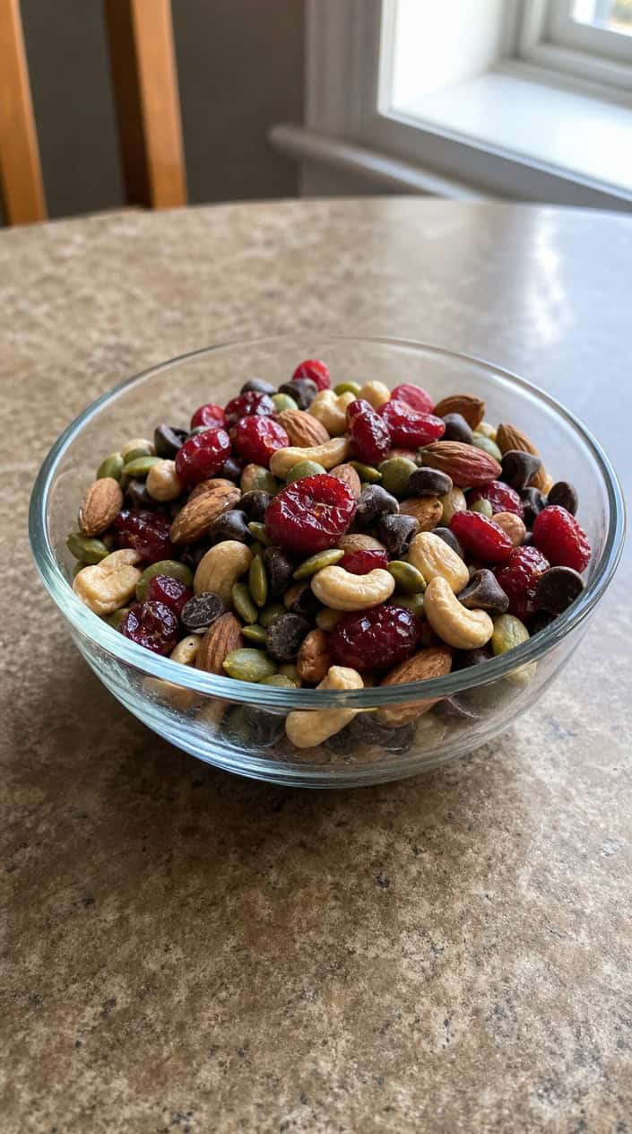 A bowl of homemade trail mix with dried cherries, nuts, seeds, and chocolate chips on a wooden surface with a small spoon beside it.